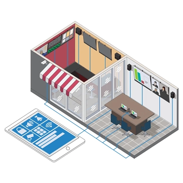 Commercial space illustration with conference room displays, audio and connected controls