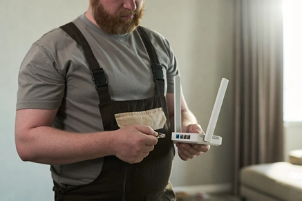 Home network technician evaluating connectivity in a residential property Home network technician evaluating connectivity in a residential property