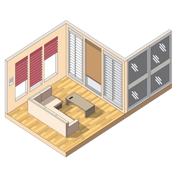 Interior illustration showing window blinds, shades and window film options