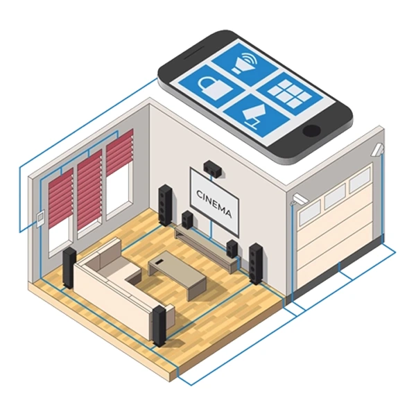 Connected home illustration with home theater, audio system and smart controls
