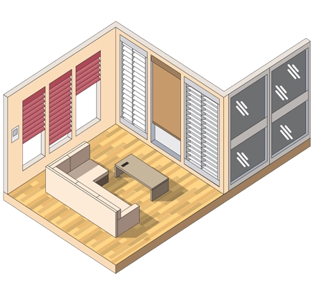 an illustration of a room with window treatment